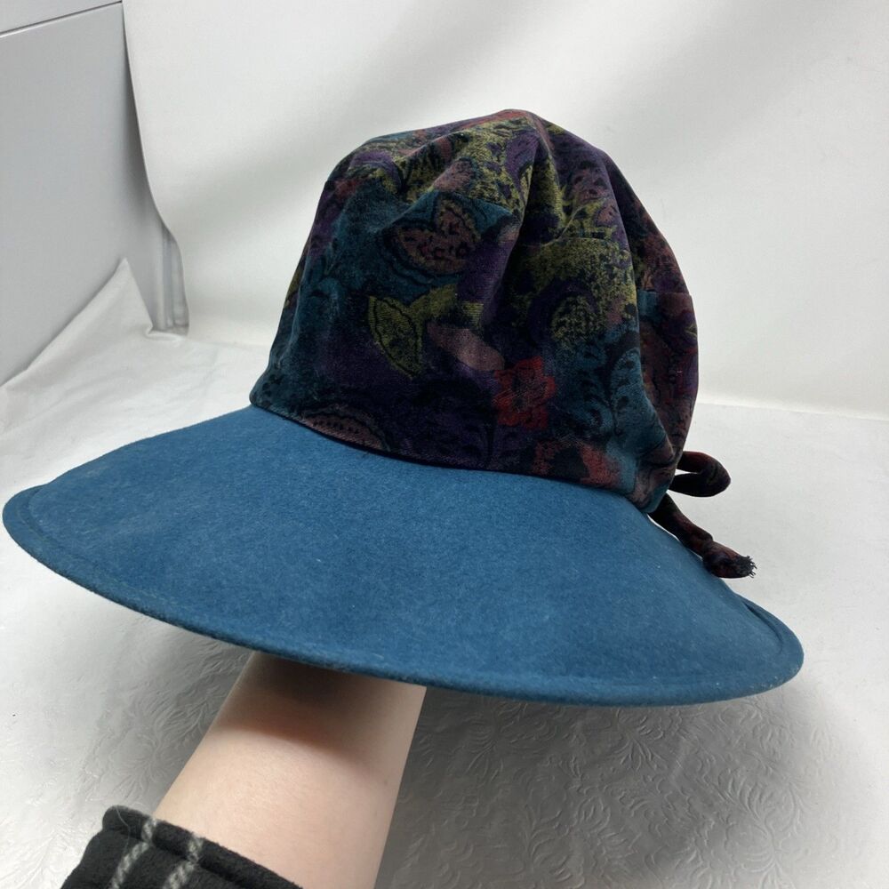 Eric Javits Hat Velvet Velour Bucket Felt Wool Wide Large Brim VTG Boho Teal - Picture 3 of 8